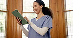 Woman, smile and tablet for research, nurse and medicare or healthcare, telehealth and technology. Happy female person, medical professional and networking on app, browsing and web for information