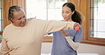 Senior, person and nurse or dumbbells arms exercise for mobility strength, rehabilitation for physical therapy. Old woman, caregiver and weights or health workout in pain injury, arthritis or healing