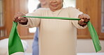 Senior, woman and nurse or resistance band exercise for arm mobility, retirement strength or rehabilitation. Old person, caregiver and trust physical therapy for recovery, stretching or flexibility