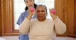 Senior, person and nurse or dumbbells exercise as mobility strength, rehabilitation for physical therapy. Old woman, caregiver and weights or trust health workout in pain injury, arthritis or healing