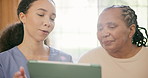 Woman, nurse and patient with tablet for consultation in nursing home with result, diagnosis or x ray. Medical professional, talk or explain with technology for health, wellness or surgery with care