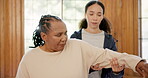 Senior woman, physiotherapist and arms stretching in nursing home, rehabilitation and exercises for recovery. Black female person, consultation and assistance or support, assessment and checkup