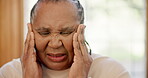 Senior woman, headache and stress for retirement, burnout and fatigue or migraine, pain and mental health. Black female person, massage and anxiety for future, worry and concern for mistake or choice