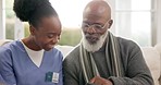 Retirement, phone or mature man on social media with nurse on web for a telehealth notification. Smile, online or happy African senior person with caregiver on mobile app reading news in nursing home