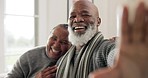 Senior couple, home and selfie with smile, face or memory together with post update on web blog. Elderly African man, black woman and happy for photography, profile picture or social network in house