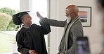 Graduation, father or picture for graduate success, high five or achievement memory photograph. Black family, happy student or proud African dad excited to post on social media for goals in home