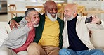 Friends, together and selfie with hand for peace sign with home for reunion, visit or retirement. Senior people, man and happy with smile for joy of bond in living room with hug for embrace on sofa