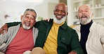 Elderly, people and friends smile in home with laugh for funny joke on visit and together. Senior man, diverse group and relaxing with excitement, happy or joy for care, love or bond in relationship