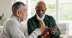 Talking, phone or senior people on social media with internet connection or web notification in home. Show, couch or mature friends on mobile app to scroll for search or reading news to learn online