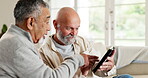 Talking, phone or senior men on social media with internet connection or web notification in home. Friends, online or happy mature people on mobile app to scroll for search or reading news to relax 