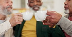 Cheers, coffee or senior friends in retirement, discussion or conversation to support or bond together. Hands, toast or happy mature men in home talking or speaking of memory to relax with tea drink