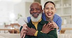 Senior person, face or happy caregiver with hug for support, empathy or healthcare at nursing home. Trust, African patient or portrait of friendly nurse with a mature black man with smile in clinic 