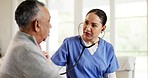 Woman, nurse and checking heart beat in elderly care on living room sofa for healthcare at home. Female person, doctor or medical caregiver monitoring senior patient breathing or exam at house