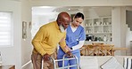 Woman, nurse and helping elderly man with walker in living room for support or trust at old age home. Female person, doctor or medical caregiver walking with senior patient for nursing help at house