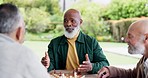 Man, chess and game with talk for strategy by planning to win in park, garden or outside. Elderly people, friends and together for fun, challenge or tournament for play in retirement with competition