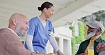 Woman, nurse and breakfast in elderly care for meal, snack or beverage at retirement home. Female person, doctor or medical caregiver serving food to senior group on table in nursing at old age house