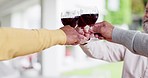 Senior men, toast and red wine with retirement, conversation and celebration on a weekend break. Friends, pensioner and group with lunch, alcohol and health with achievement, happiness and talking