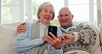 Old couple, phone call and talking on sofa wave for online communication, social media or happy connection. Senior partnership, smile and mobile for chat discussion or web network, scroll or hello