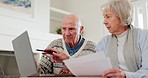 Laptop, elderly couple with financial document and discussion for taxes, savings and planning. Computer, serious man and woman with budget, mortgage or asset management, bank loan or payment in home