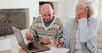 Stress, elderly couple with financial document and laptop for tax, bills or debt. Paperwork, frustrated man and woman in bankruptcy, planning budget or mortgage, asset management or argument in home