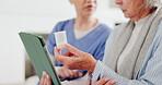 Tablet, medication and nurse explaining to senior woman, healthcare and wellness in retirement on bed. Caregiver, elderly person and technology with online search, learning and chronic illness care