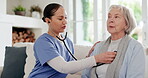 Doctor, senior patient or stethoscope for breathing test on sofa, chest exam or healthcare support. Nurse, elderly person or health consultation for asthma, lung disease or wellness in living room  