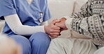 Senior, hands and nurse with holding hands for massage, care and arthritis for healthcare or retirement on sofa of home. Elderly, people and caregiver with comfort, medical and support on couch