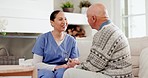 Home, nurse and senior man with conversation, funny and results with appointment, empathy and feedback. Caregiver, elderly guy or patient with woman, discussion and laugh with checkup or consultation