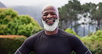 Senior black man, face and exercise in park with smile, pride and wellness in retirement, nature and wellness. Elderly African person, happy and outdoor with trees for health, training or workout