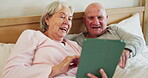 Senior, couple and tablet in bed happy or online connection, social media reading or internet scroll. Man, woman or digital connectivity or laugh in home partnership or network talk, streaming or web