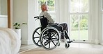 Senior man, memory and wheelchair by window with thinking, ideas and nostalgia in bedroom. Elderly person with disability, mental health and vision for perspective, reflection or future nursing home