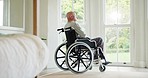 Elderly man, thinking and wheelchair by window with memory, idea or nostalgia in bedroom. Senior person with disability, mental health and vision for perspective, reflection or future in nursing home