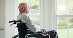 Senior man, thinking and wheelchair by window with memory, ideas and nostalgia in retirement. Elderly person with disability, mental health and vision with perspective, reflection or remember in home