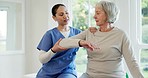 Office, physiotherapy and doctor  with old woman, conversation and recovery with consultation. Pensioner, elderly person and physiotherapist with patient, stretching and help with rehabilitation