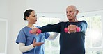 Dumbbells, exercise or training with a nurse and old man in a retirement home for physiotherapy or rehabilitation. Fitness, health or recovery with a woman caregiver and senior patient in a house