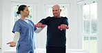 Dumbbells, fitness or recovery with a nurse and old man in a retirement home for physiotherapy or rehabilitation. Exercise, health or training with a woman caregiver and senior patient in a house