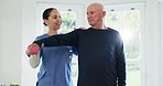 Dumbbells, exercise or recovery with a nurse and old man in a retirement home for physiotherapy or rehabilitation. Fitness, health or training with a woman caregiver and senior patient in a house