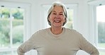 Happy, smile and face of senior woman in retirement home with cheerful, joy and relax in house. Window, living room and portrait of elderly person with confidence, calm and happiness in morning