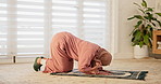 Islamic, carpet or woman in prayer for Allah, wellness or spiritual awareness in home for gratitude. Salah, calm or Muslim person on floor to bow for ramadan tradition, religion or fasting in worship