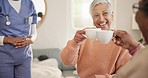 Caregiver, coffee or cheers with elderly women in nursing home, thank you or happy morning for relax. Diversity, nurse or senior people in retirement as friends, trust in community or tea with smile