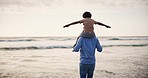 Beach, airplane and parent with child in nature rear view with love, trust and support with mockup or space. Flying, freedom and family playing at ocean with shoulder games, bond or fun in Mexico 