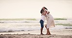 Beach, love and mother hug boy child at the ocean with support, trust or care in nature together. Freedom, security or happy family embrace at sea in celebration of travel, vacation or Bali adventure