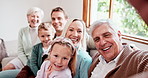 Happy big family, relax and sofa for selfie, photography or memory together in living room bonding at home. Portrait of parents, grandparents and children smile for picture or photograph at house