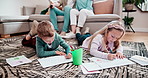 Home, family and children on the floor, drawing and relax with parents on a couch, siblings and activity. Apartment, creativity or kids with childhood, hobby or bonding together with mother or father