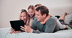 Parents, children and tablet in bedroom, streaming and playing in bed, technology and smile. Mom, dad and online for childhood, happiness and internet in family home, games and bonding together