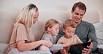 Parents, kids and tablet in bedroom for games, reading ebook and streaming cartoon at home. Mom, dad and happy family of children relax with digital technology, watching movies or online subscription