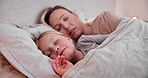 Home, bed and mother with girl, sleeping and family with love, peace and security with trust. Apartment, bedroom or child embrace, parent or freedom with rest, weekend or comfort with care or blanket