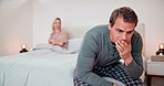 Man, stress and conflict of couple in bedroom for sad, breakup and mistake at home. Crisis, divorce and frustrated partner thinking about cheating, marriage affair and toxic fight for emotional drama