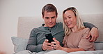 Couple, phone and smile in bedroom for social media, reading notification and scroll with online shopping app at home. Man, woman and happy with smartphone, search mobile website or digital news blog