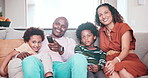 Happy, remote and relax African family watching tv program, movies and streaming media, video or subscription show. Love, bonding and young kids, mom and dad watch television on home lounge couch